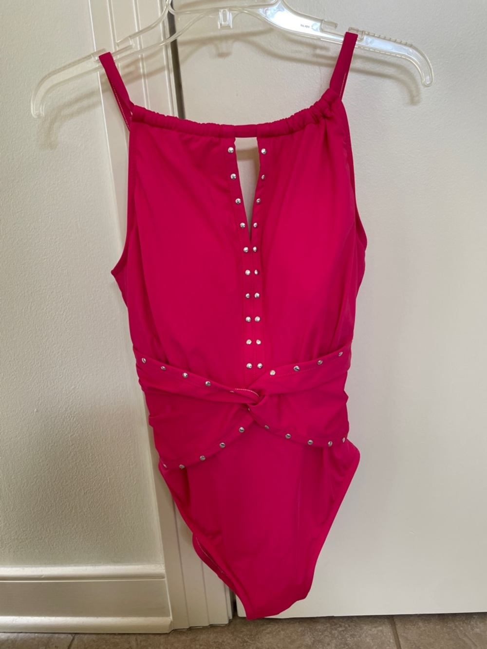 Ladies One-Piece Swimsuit with Stud Detail - Hot Pink